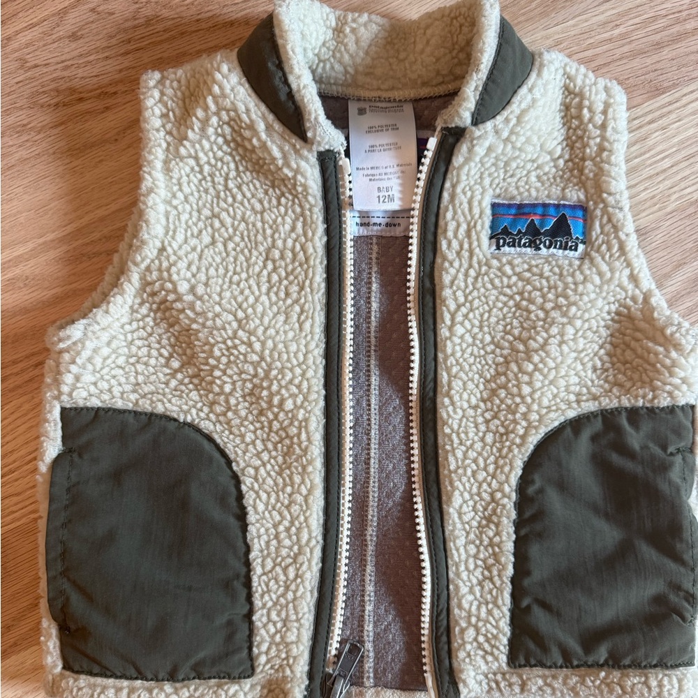 Patagonia Kids Cream Sherpa Vest with Olive Trim